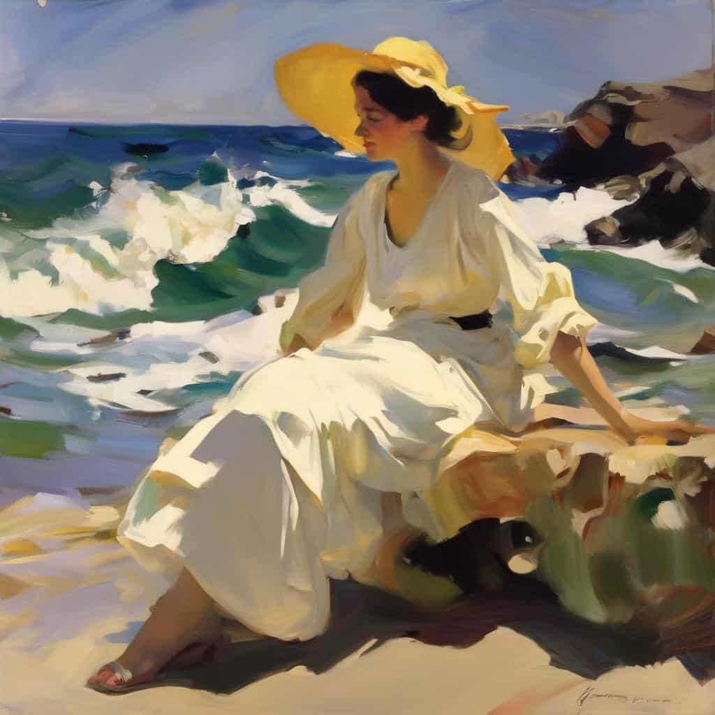 Αγία γυναίκα στην παραλία με καπέλο και λευκό φόρεμα, διαμορφωμένη σε ιμπρεσιονιστικό στυλ, θάλασσα και βράχοι στο φόντο.