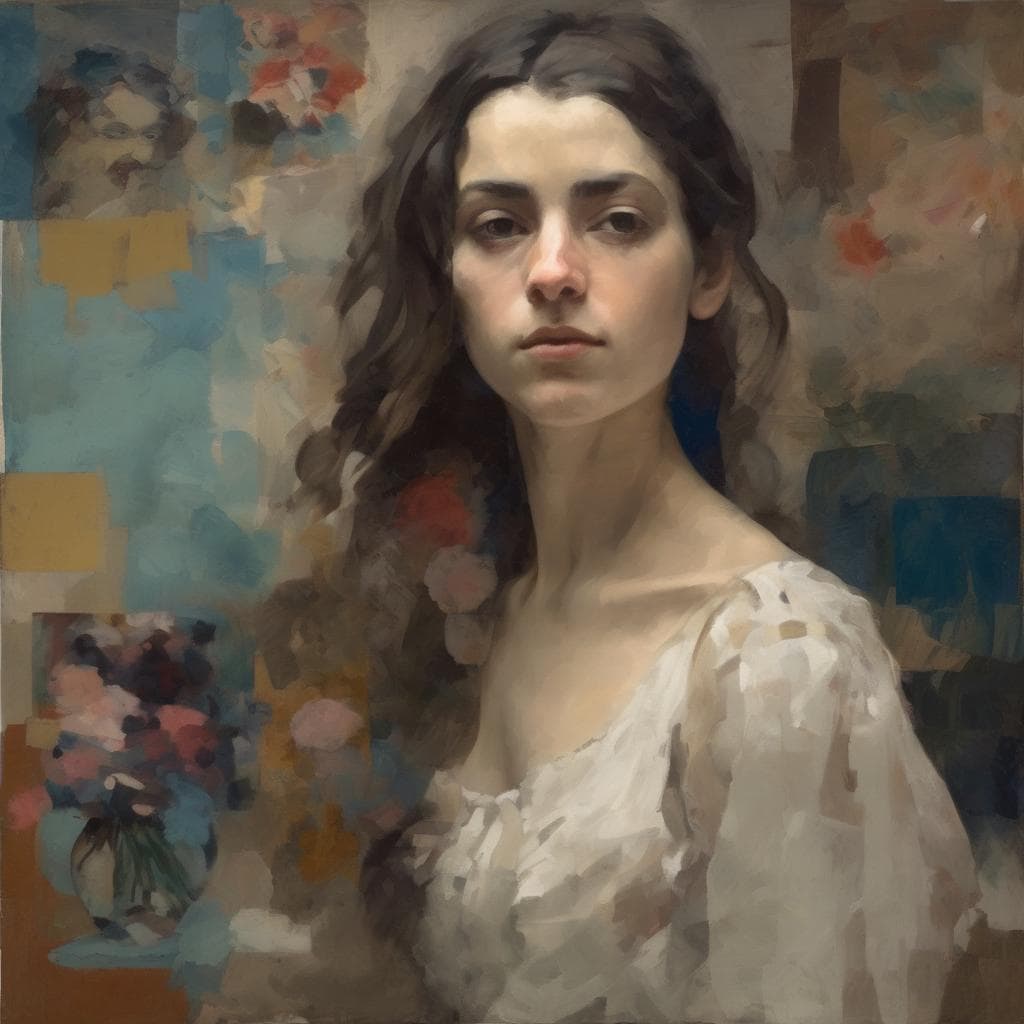 Ζωγραφικό πορτρέτο νεαρής γυναίκας με μακριά καστανά μαλλιά, σε αμφιέσεις που θυμίζουν έργα τέχνης της Ανατολικής Μεσογείου.