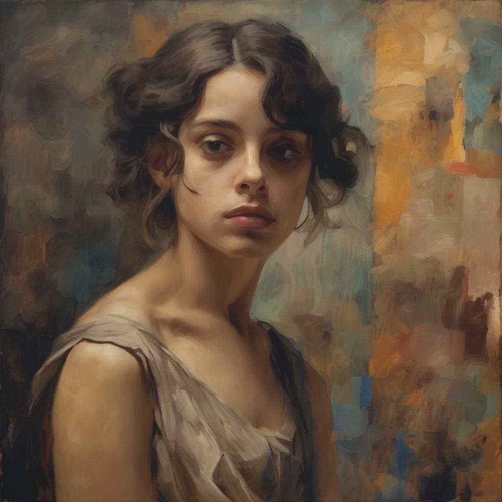 Ομορφιά νεαρής γυναίκας με καμπυλωτά μαλλιά σε πορτρέτο ζωγραφικής.