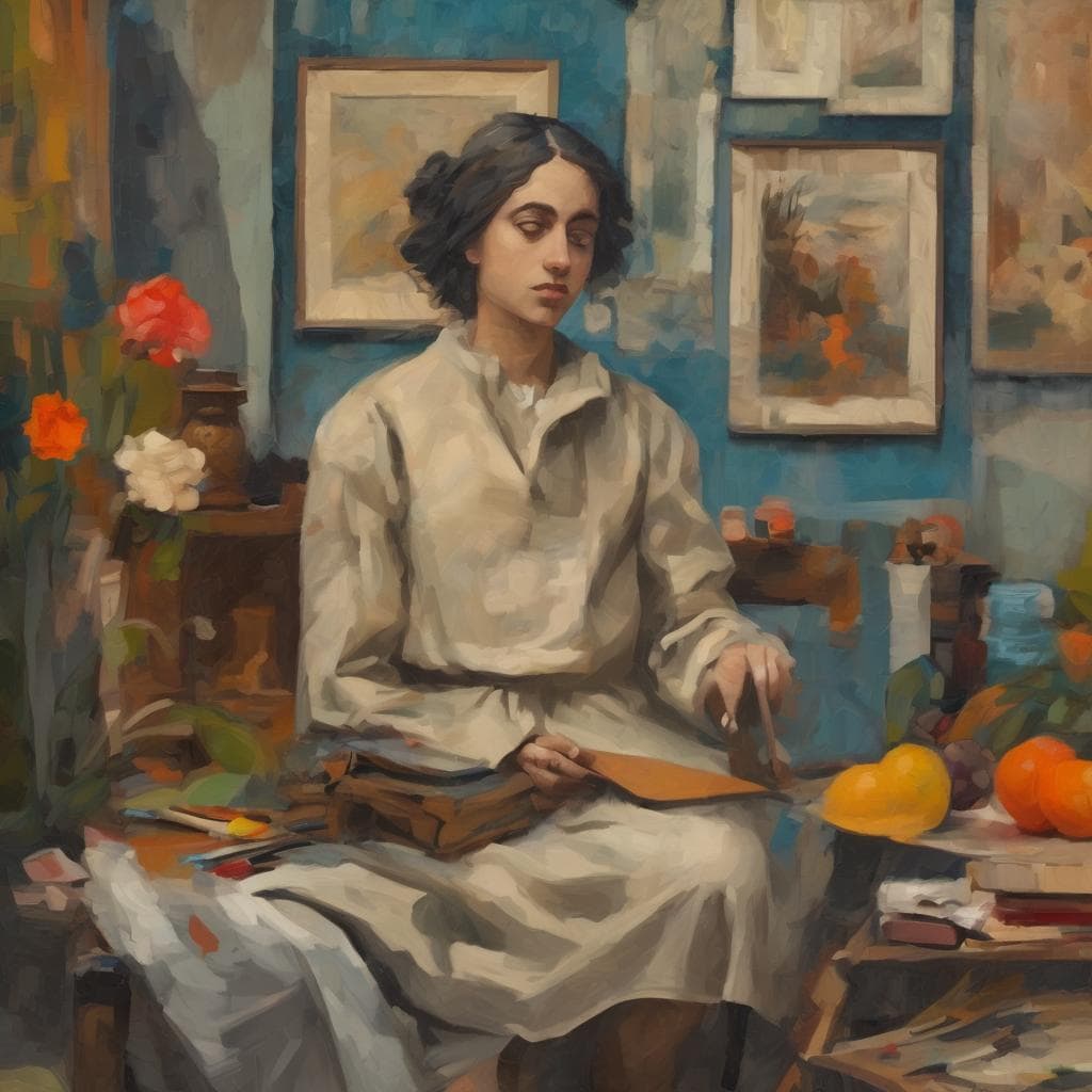 Καλλιτεχνική πορτραίτο γυναίκας σε στούντιο με έργα τέχνης και ζωγραφικά εργαλεία.