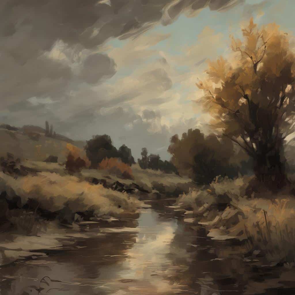 Ορεινό τοπίο με ποτάμι και φθινοπωρινά δέντρα, ζωγραφική ανατολικής Μεσογείου, καλλιτέχνες.